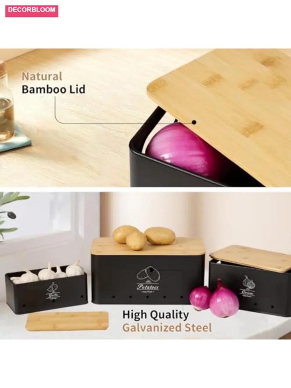 3-Piece Stackable Metal Vegetable Storage Set with Bamboo Lids